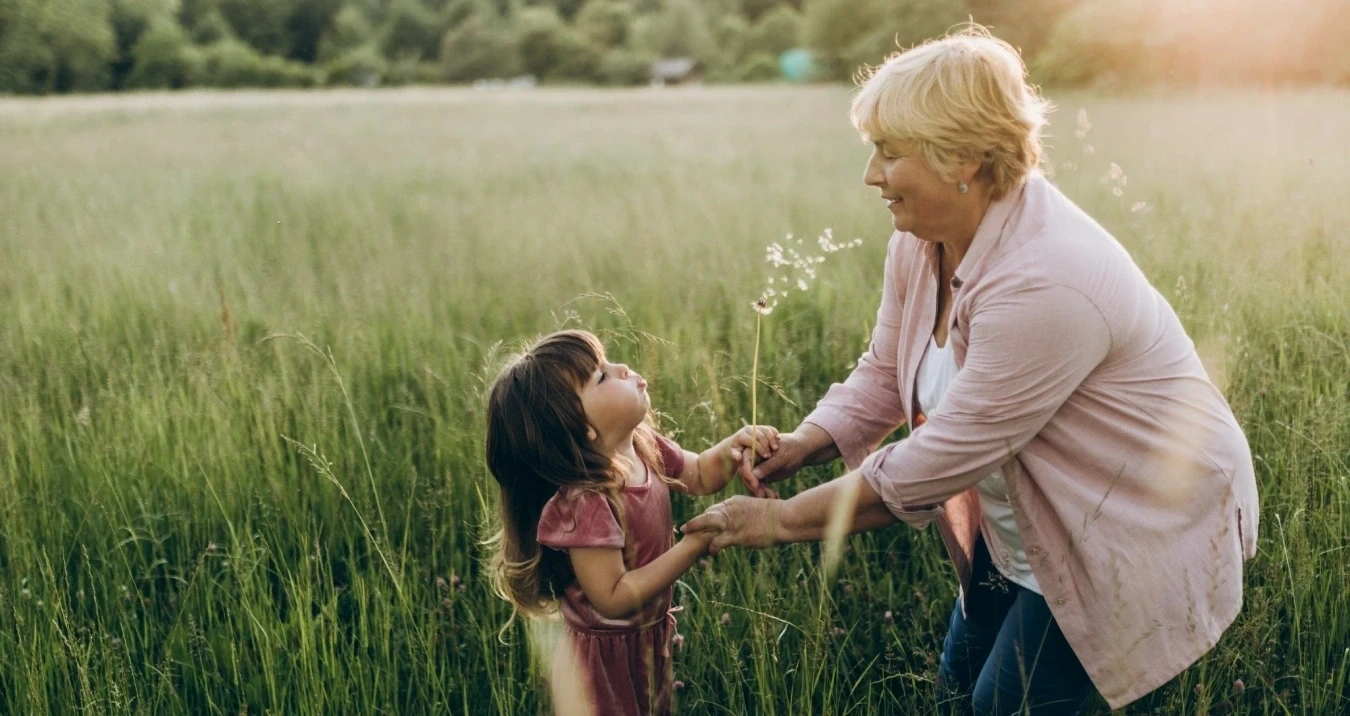 Grandmother and granddaughter blowing dandelions