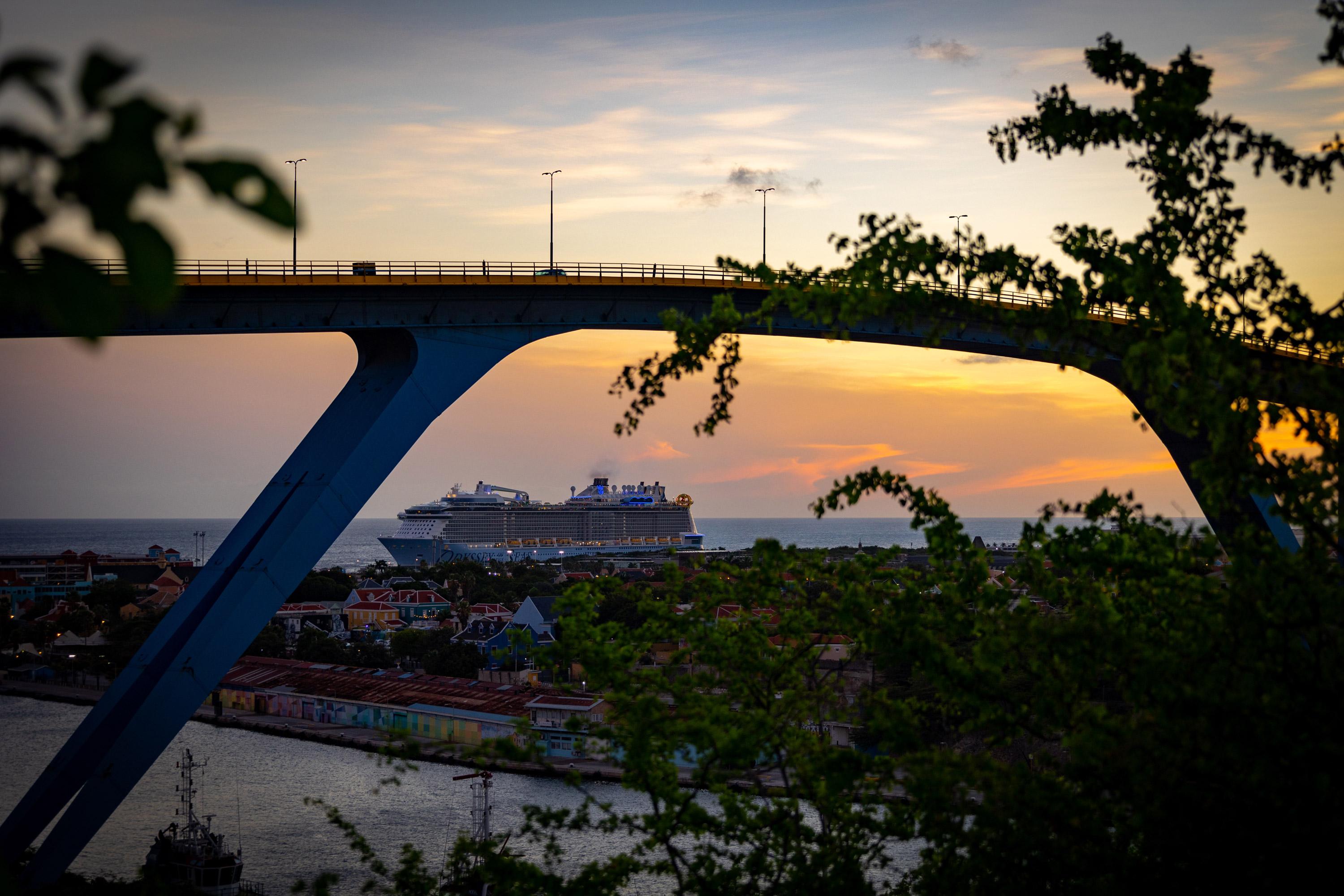 Juliana Bridge and Cruise Ship in Sunset