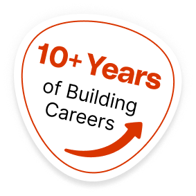 Logo with the text '10 Years of Building Careers' and an arrow.