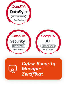 Abzeichen für Cyber Security Manager Zertifizierung mit CompTIA DataSys+, Security+, A+ Logos