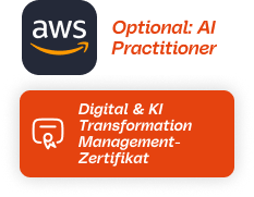 Digital- und KI-Transformationsmanagement-Zertifikat auf orangefarbenem Hintergrund