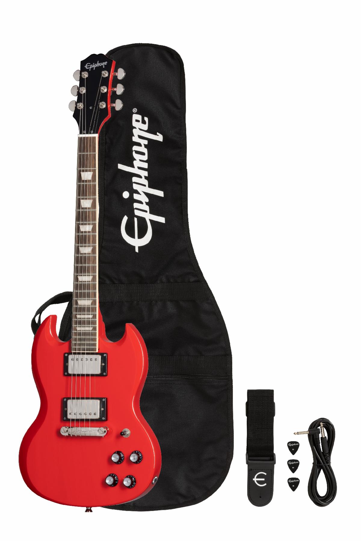 All Epiphone Power Players Les Pauls and SGs are accessorized with gig bag, a guitar strap, picks, and a cable.