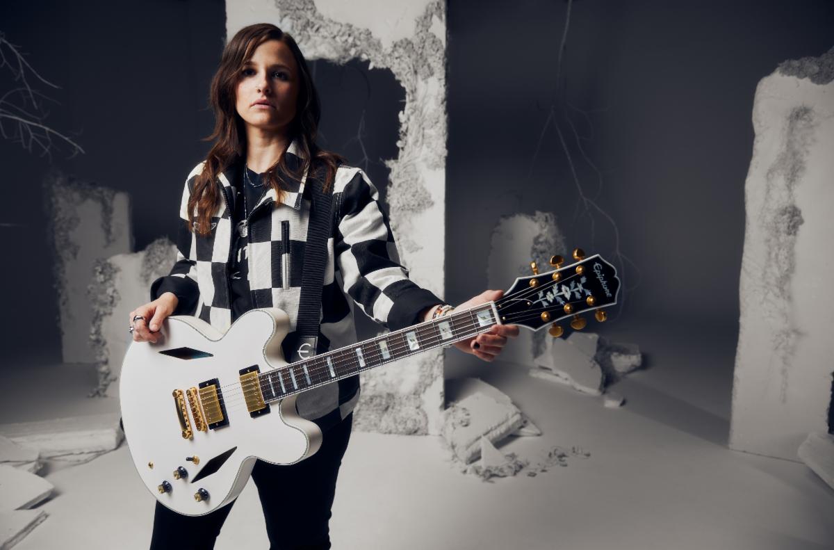 Emily Wolfe with her Epiphone “White Wolfe” Sheraton
