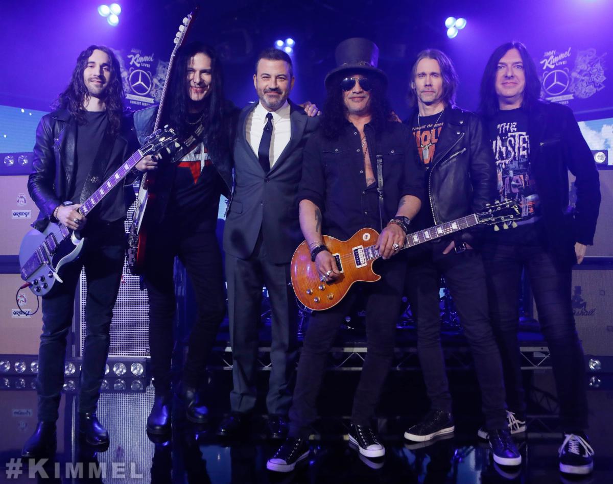 (L-R): Frank Sidoris, Brent Fitz, Jimmy Kimmel, Slash, Myles Kennedy and Brent Fitz. Photo credit: ABC/Randy Holmes.