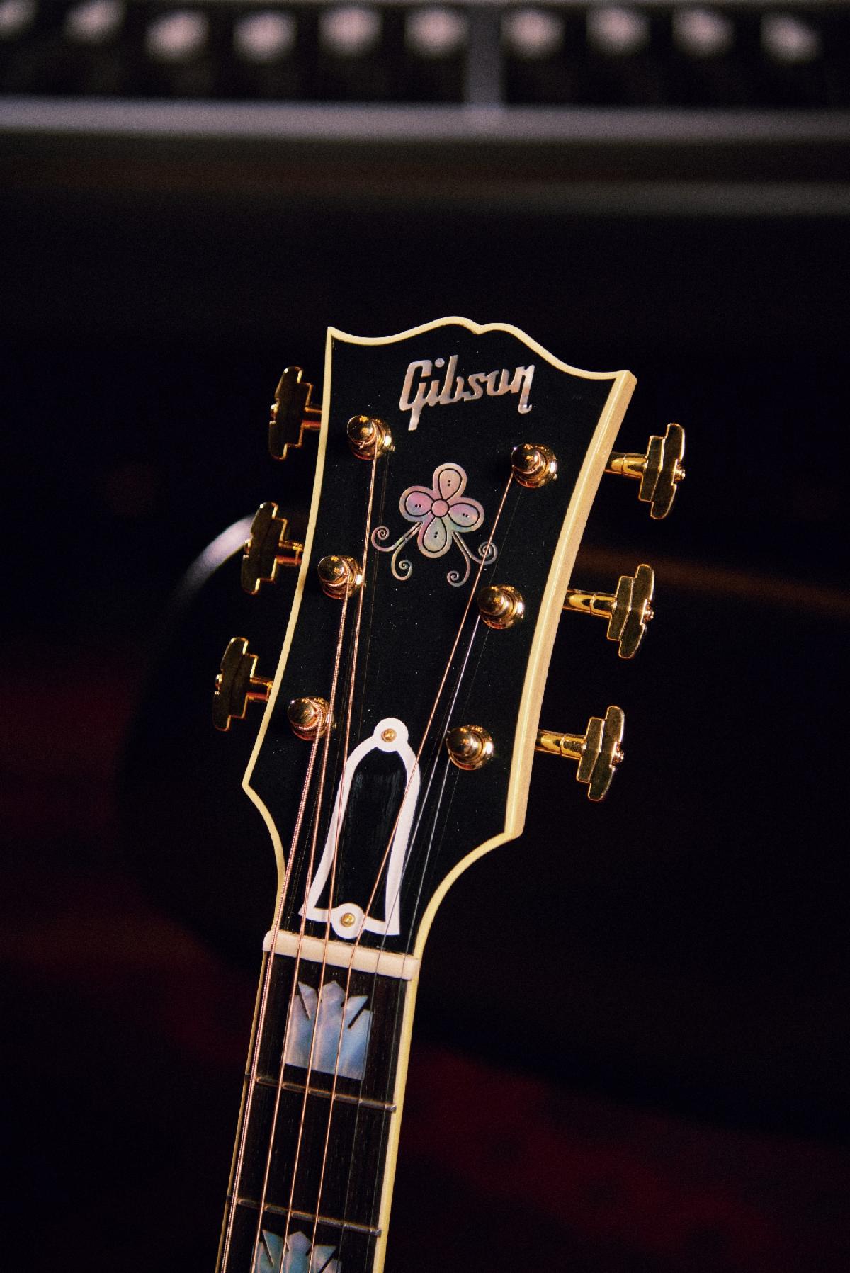 detailed view on the Mother-of-Pearl inlays and Wildflowers logo.