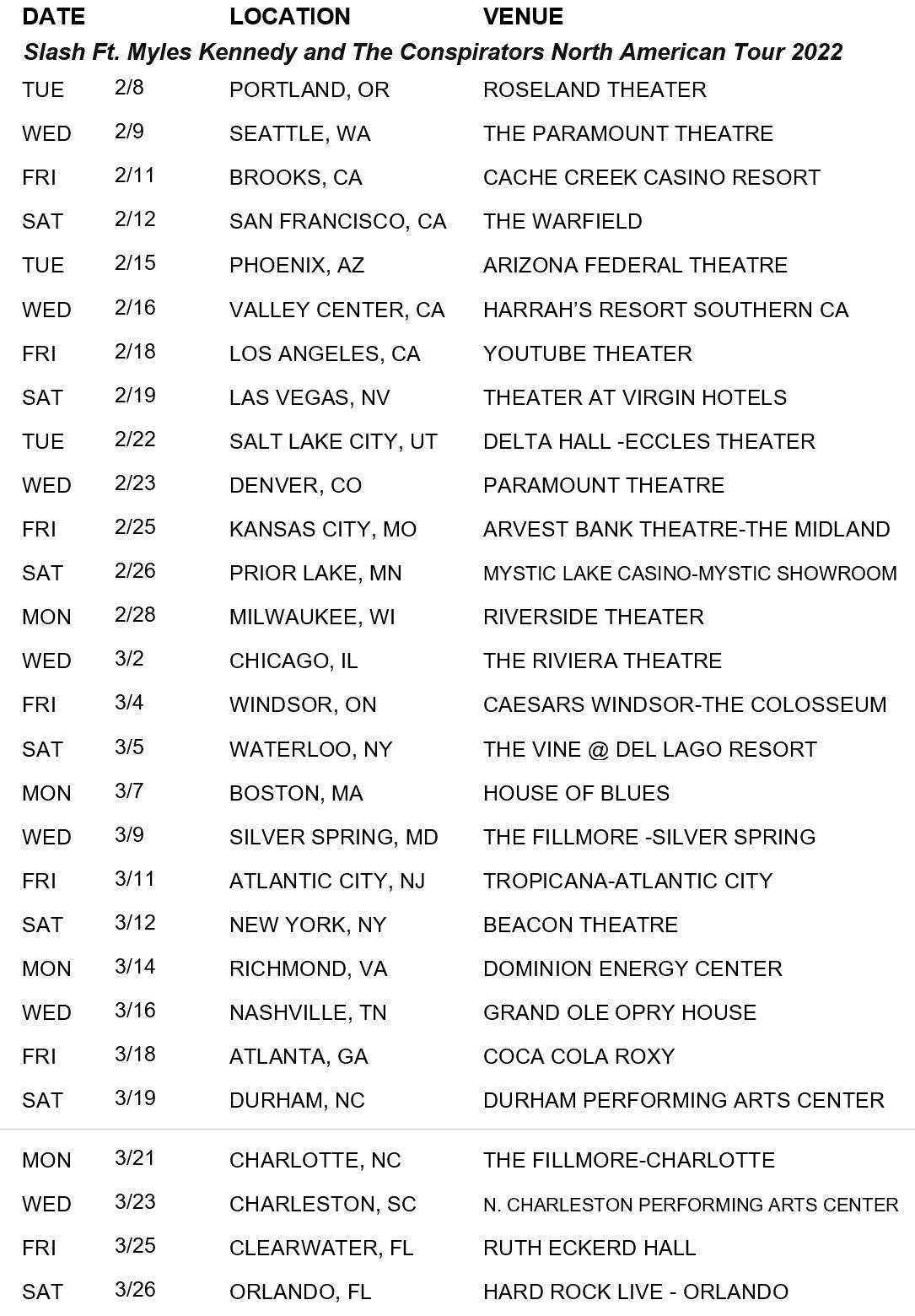 The SLASH FT. MYLES KENNEDY & THE CONSPIRATORS tour dates:
