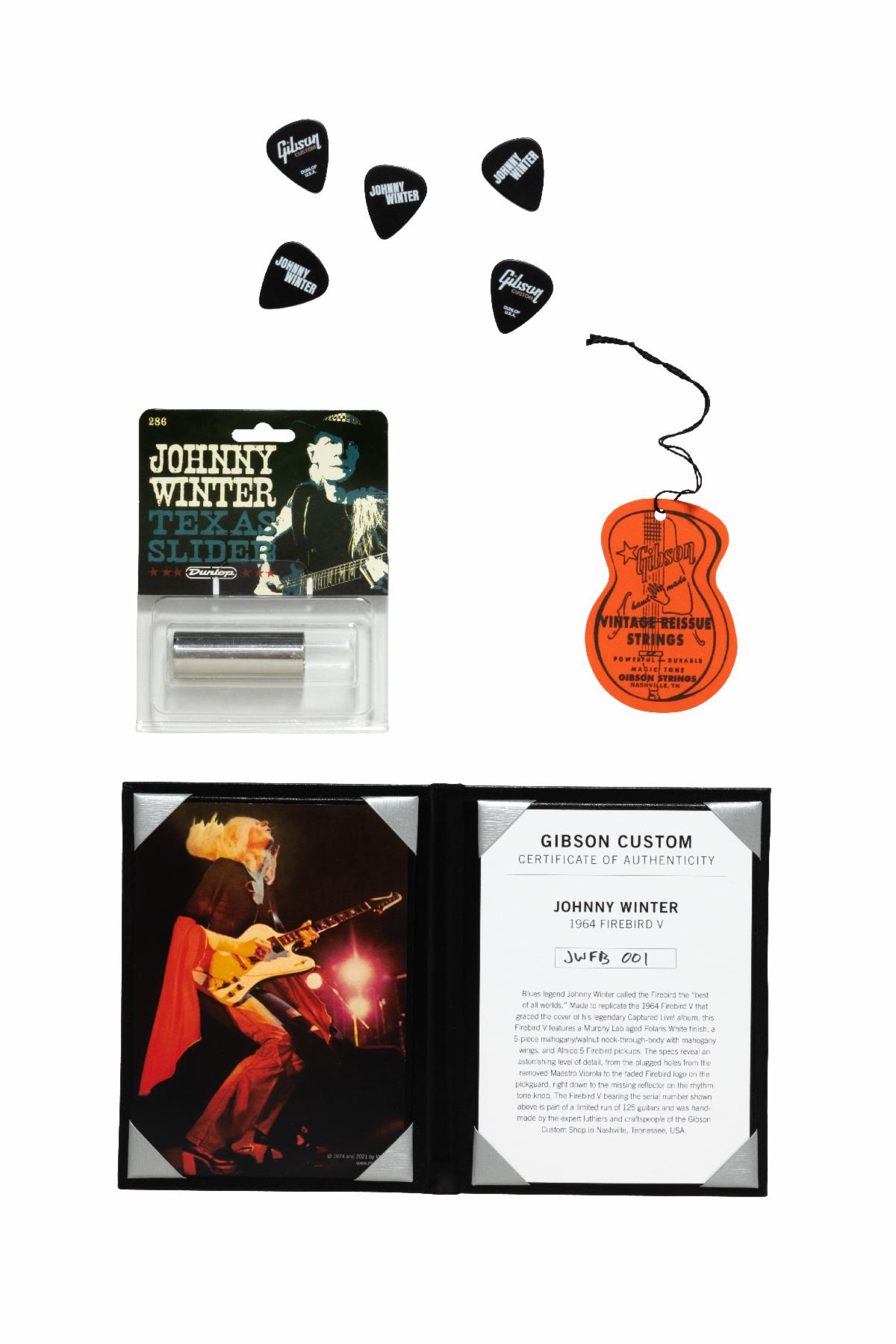 A Certificate of Authenticity, a Johnny Winter Texas Slide, and Gibson vintage re-issue strings are included in the Johnny Winter 1964 Firebird V package.
