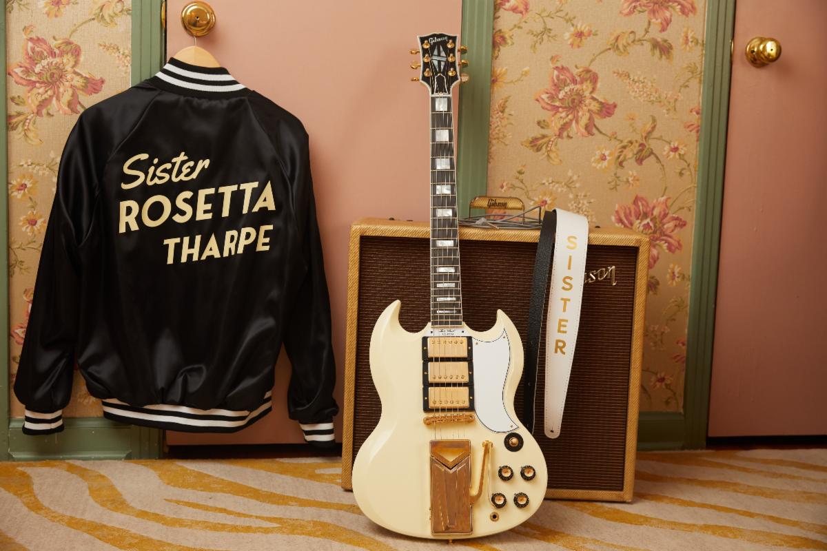 The Sister Rosetta Tharpe jacket pictured with the 60th Anniversary 1961 Les Paul SG Custom With Sideways Vibrola in Polaris White