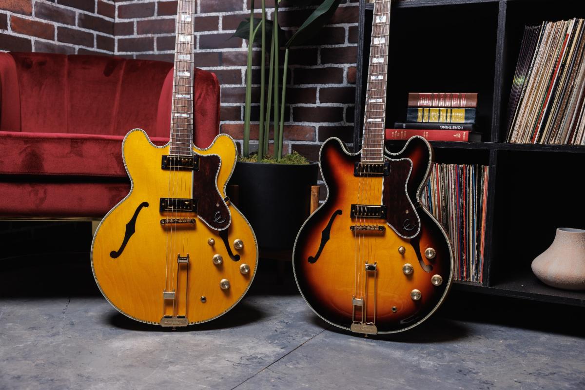 (L-R): the Epiphone Sheraton in Natural and Vintage Sunburst.