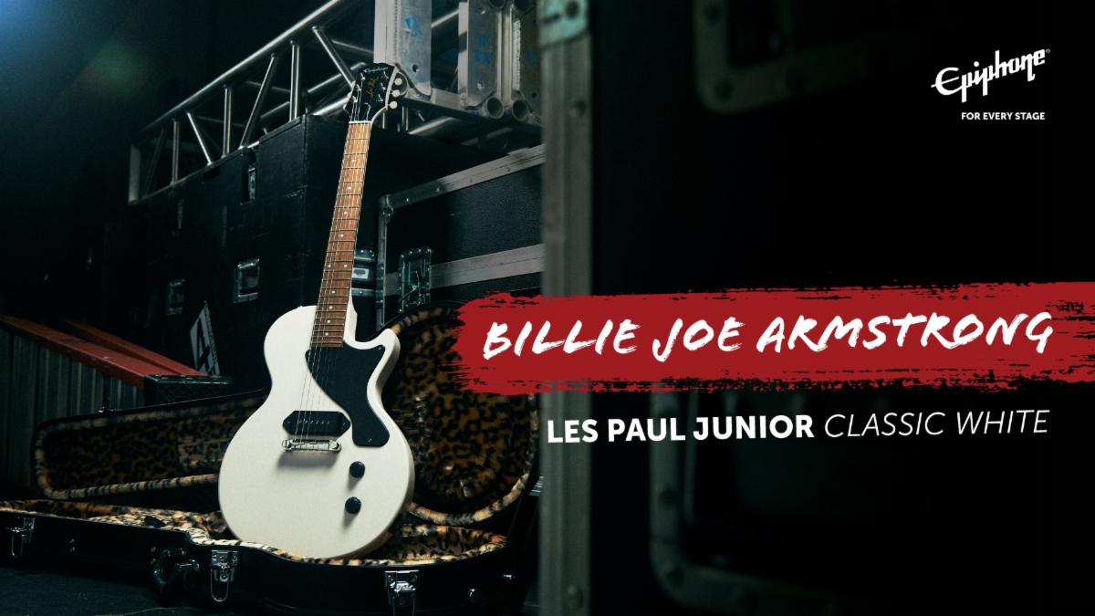 The Epiphone Billie Joe Armstrong Les Paul Junior with a leopard faux fur lined custom hardshell case