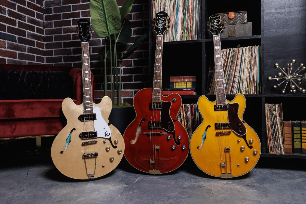 (L-R): the Epiphone Casino (Natural), Broadway (Wine Red), and Sheraton (Natural).