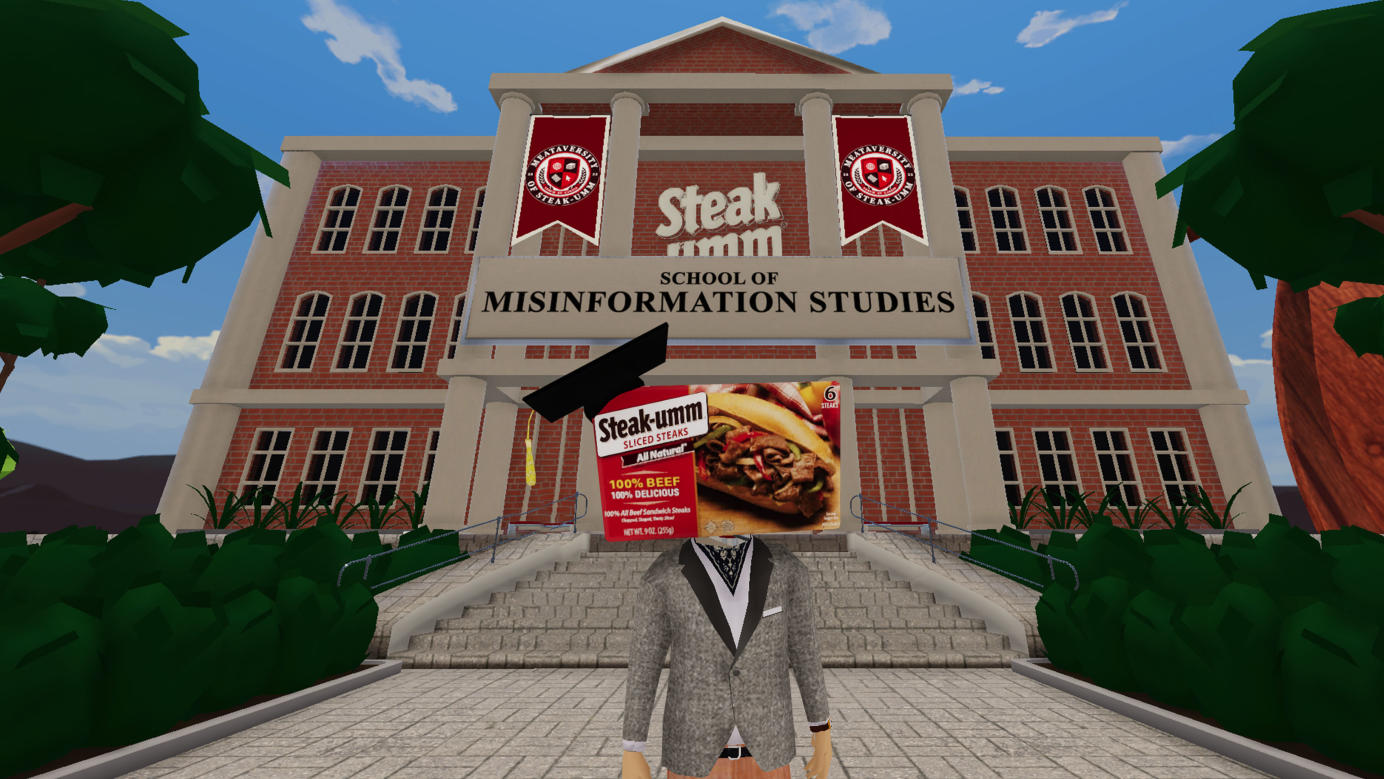 Image of Steak-umm mascot standing in front of the Meataversity of Steak-umm experience inside the metaverse