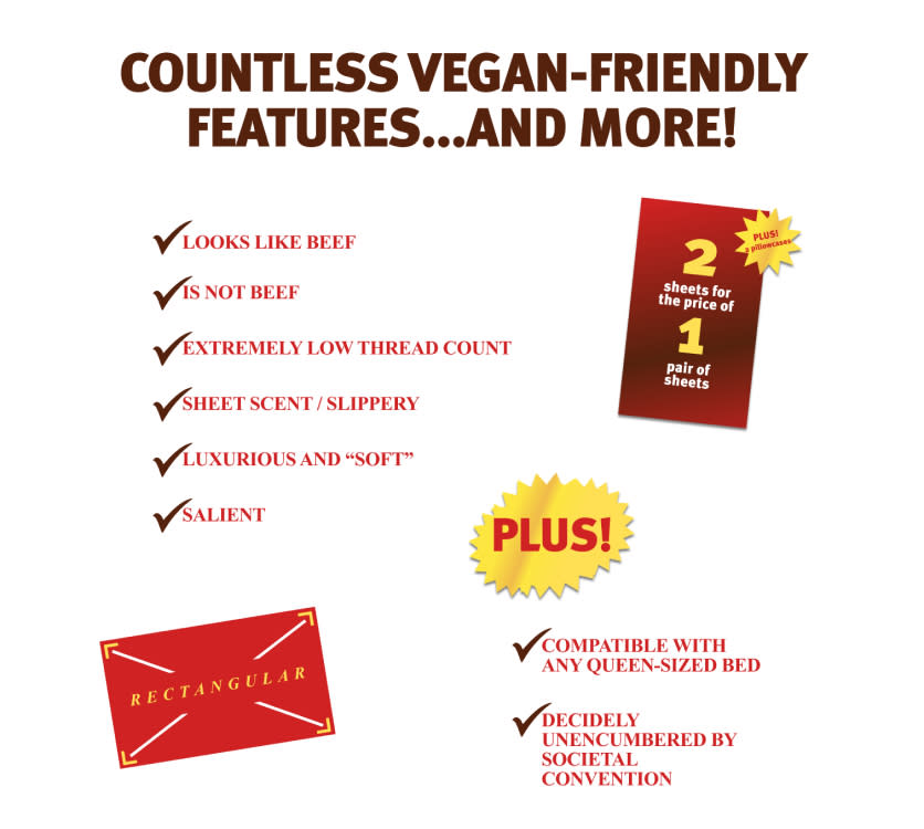 Screenshot of the 'Countless Vegan-Friendly Features.. and More!' section of the beefsheets.com website