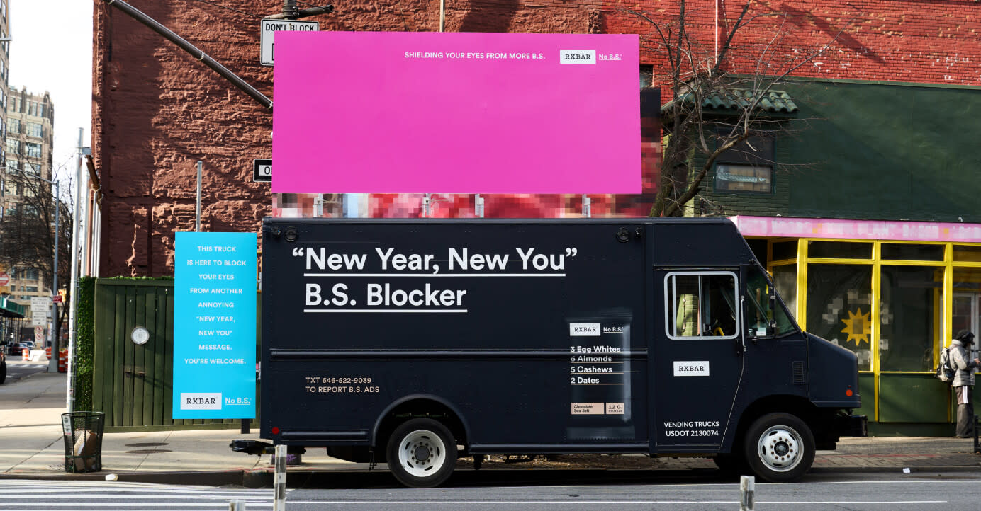 Black truck with New Year, New You B.S. Blocker written on it