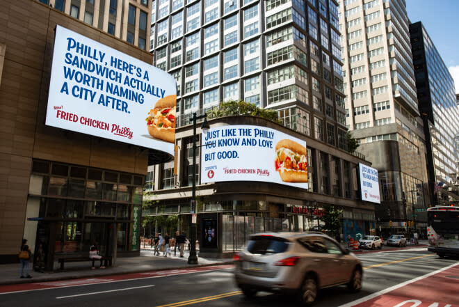 Billboard with the text that reads "Philly, here's a sandwich actually worth naming a city after."