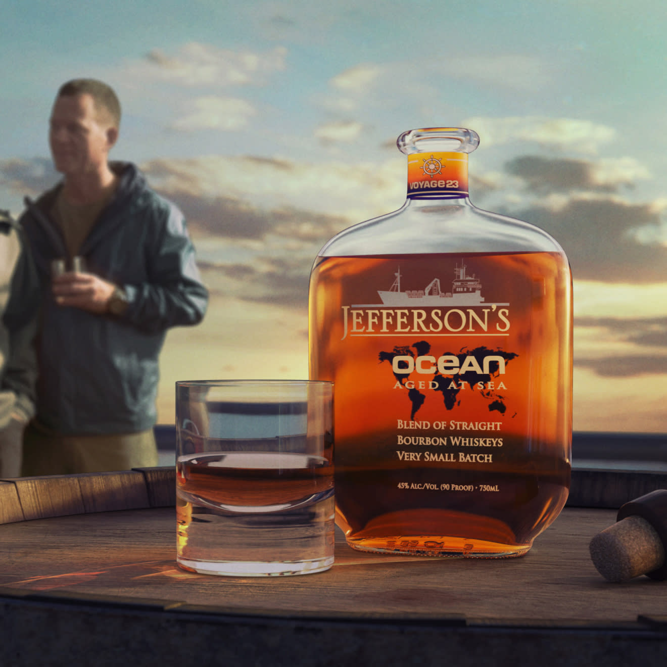 Jefferson’s Ocean promo of people at the beach enjoying a glass of bourbon with a bottle in the foreground