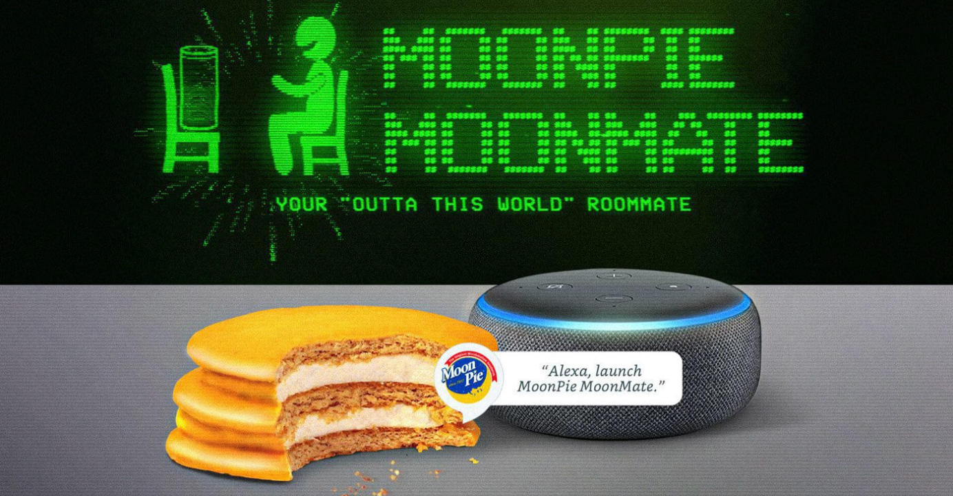 MoonPie - Your "Outta This World" Roommate promo of the Alexa dot next to a half-eaten moonpie