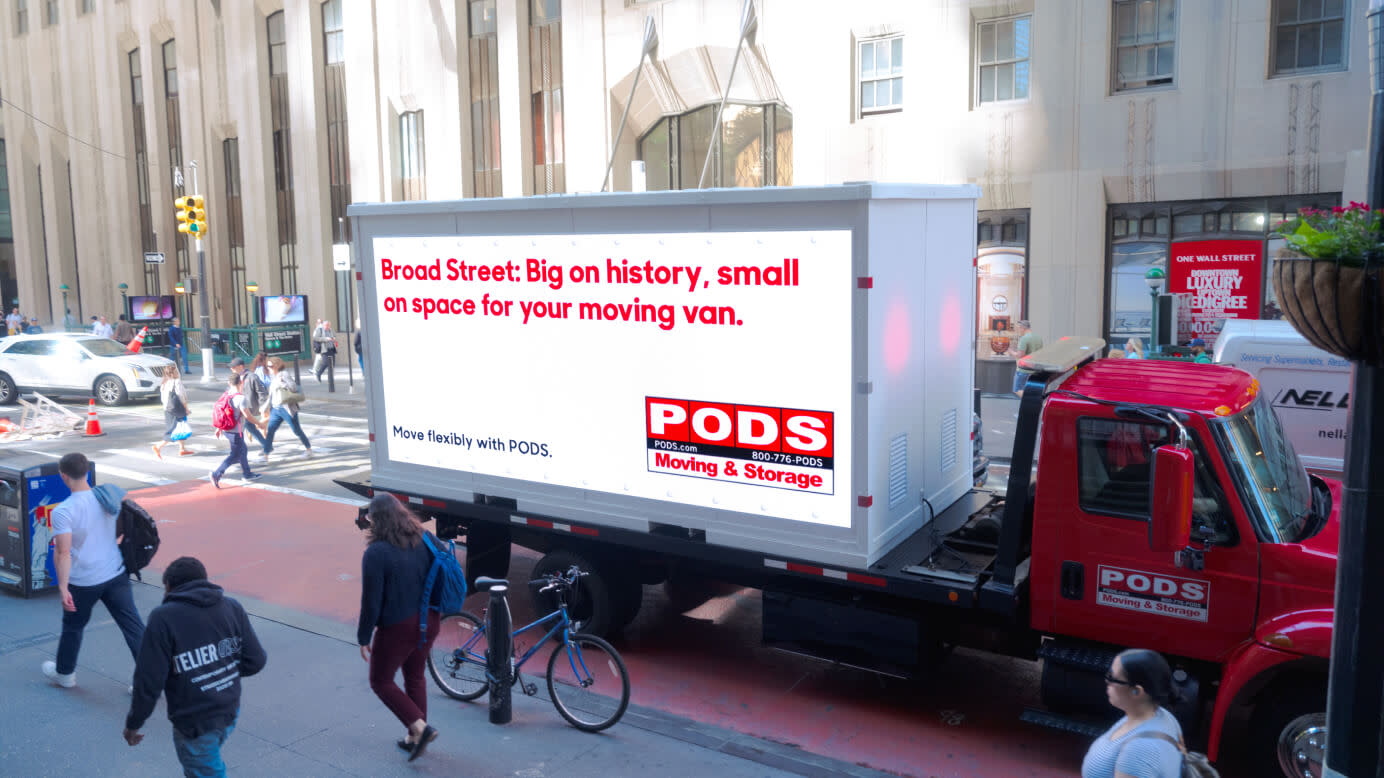 A Pods storage container on Broad Street in NYC