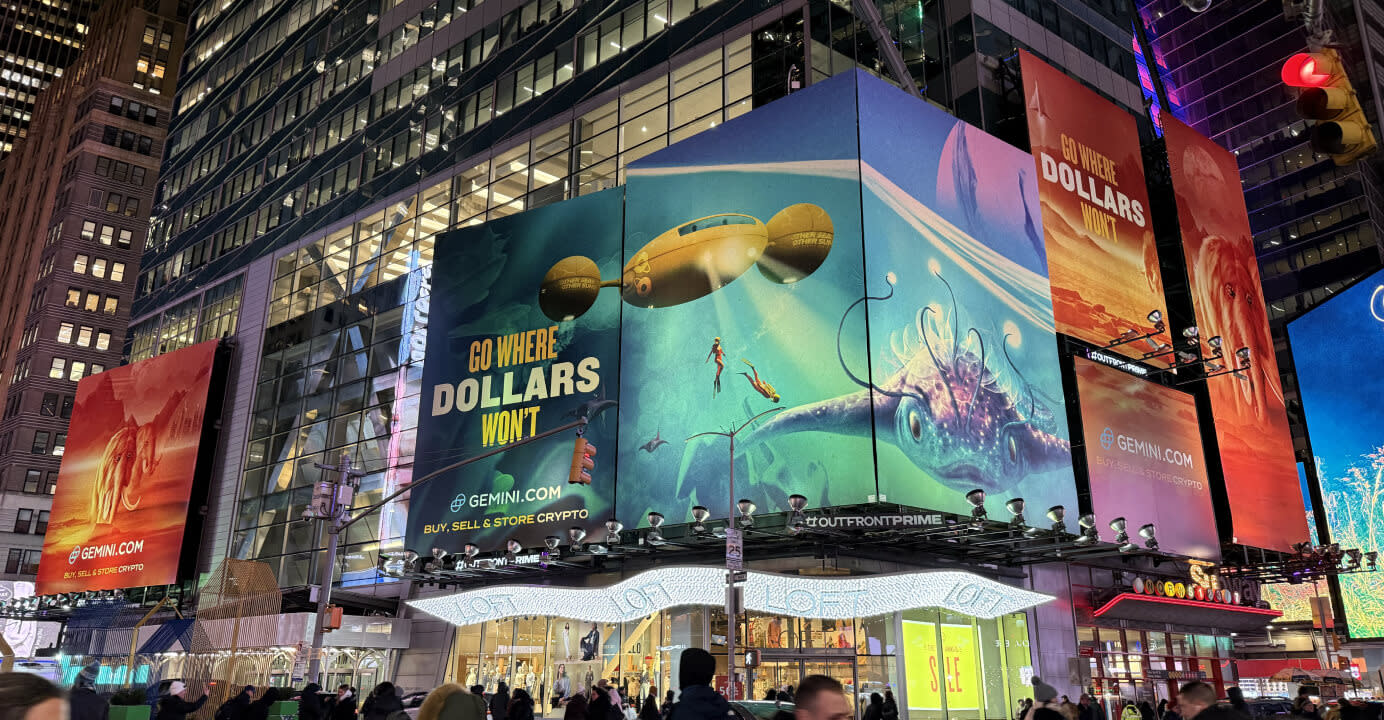 A futuristic billboard under the sea with a yellow submarine and aquatic creatures