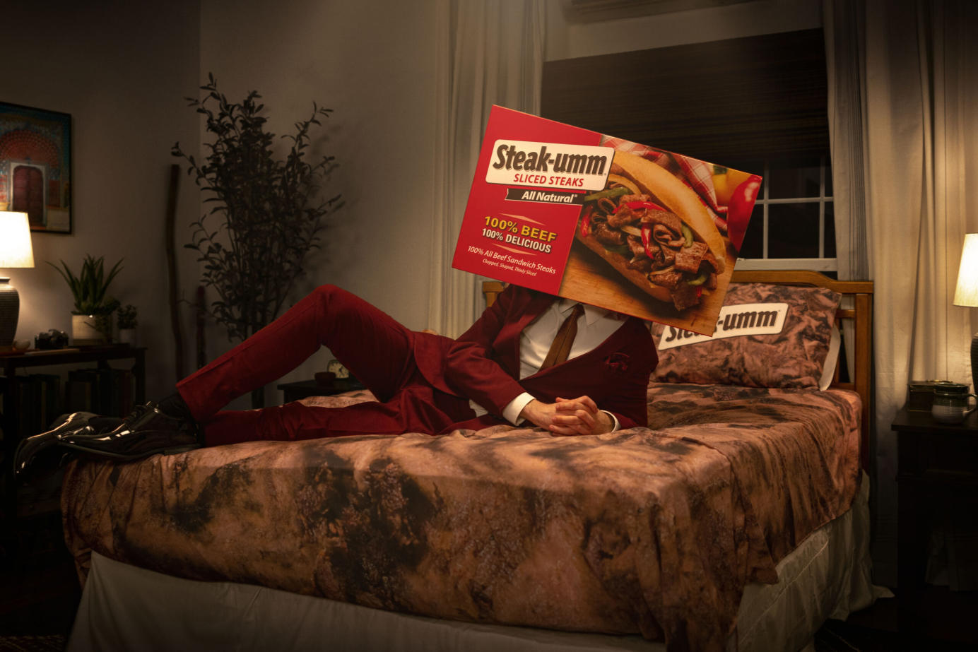 Steak-Umm Beef Sheets Campaign | Steak-Umm character laying on a bed covered in Beef Sheets