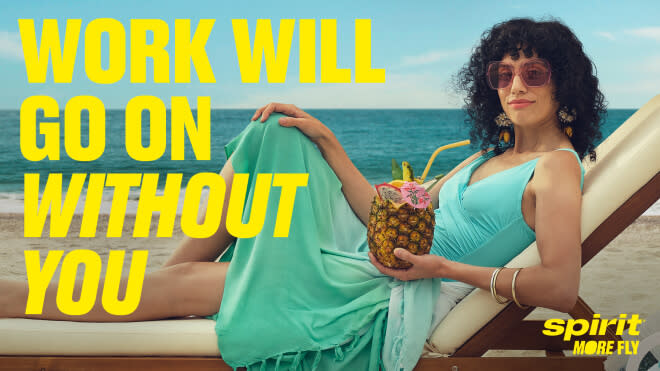 Text saying work will go on without you laid on top of a woman drinking out of a pineapple with a little umbrella and straw in it