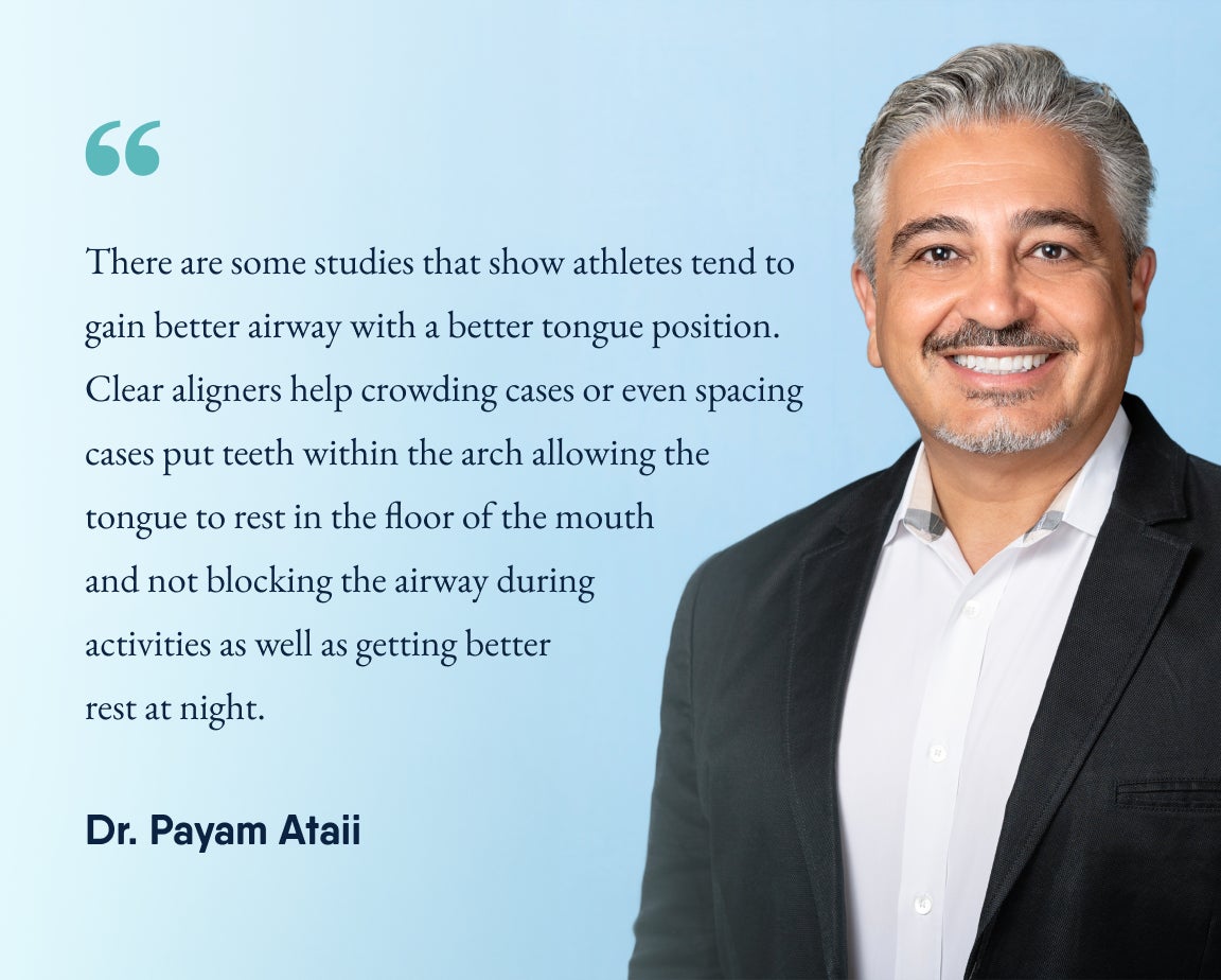 Dr. Payam Ataii stands smiling in front of a blue gradient background with a quote 'There are some studies that show athletes tend to gain better airway with better tongue position. Clear aligners help crowding cases or even spacing cases put teeth within the arch allowing the tongue to rest in the floor of the mouth and not blocking the airway during activities as well as getting better rest at night.'