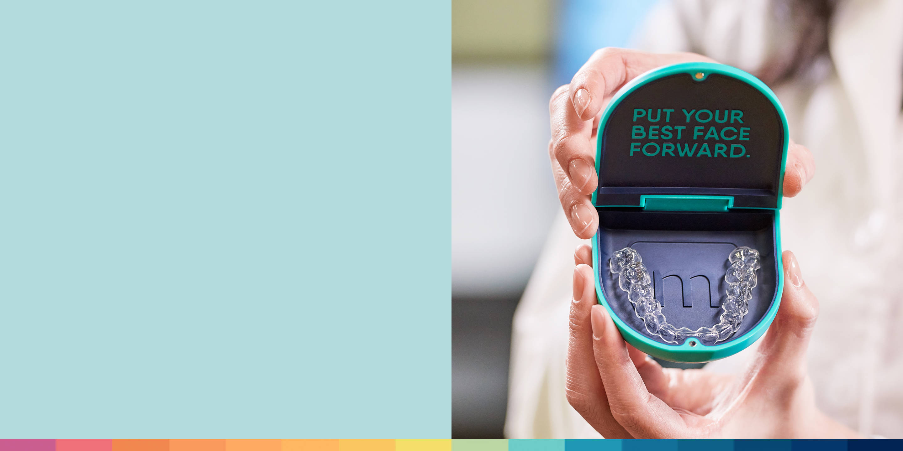 A person is holding an open Motto case with the words 'put your best face forward' and containing clear aligners inside.