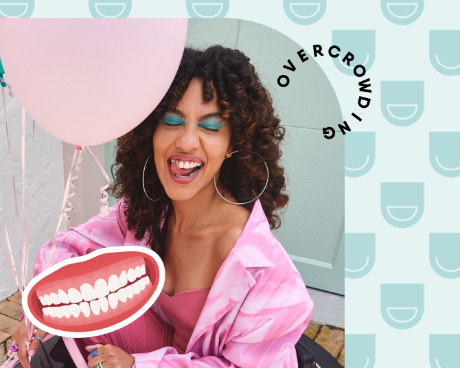 A person with curly hair and blue eyeshadow happily holds a pink balloon. The word "OVER CROWDING" and a graphic of a smiling mouth are overlaid on the image.