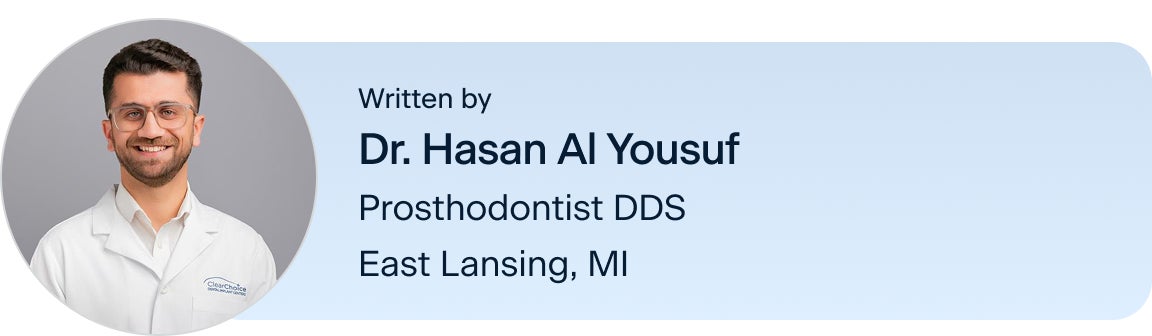 Information on Dr.Hasan Al Yousuf, prosthodontist DDS, located in the East Lansing, Michigan ClearChoice center, the author of this blog. Along with his headshot on the left.