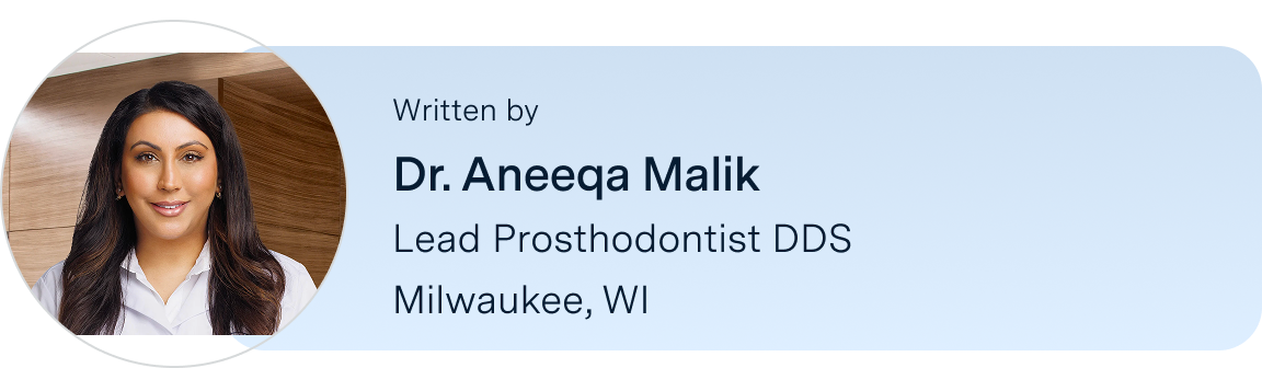 Information on Dr. Aneeqa Malik, prosthodontist DDS, located in the Milwaukee, Wisconsin ClearChoice center, the author of this blog. Along with her headshot on the left.