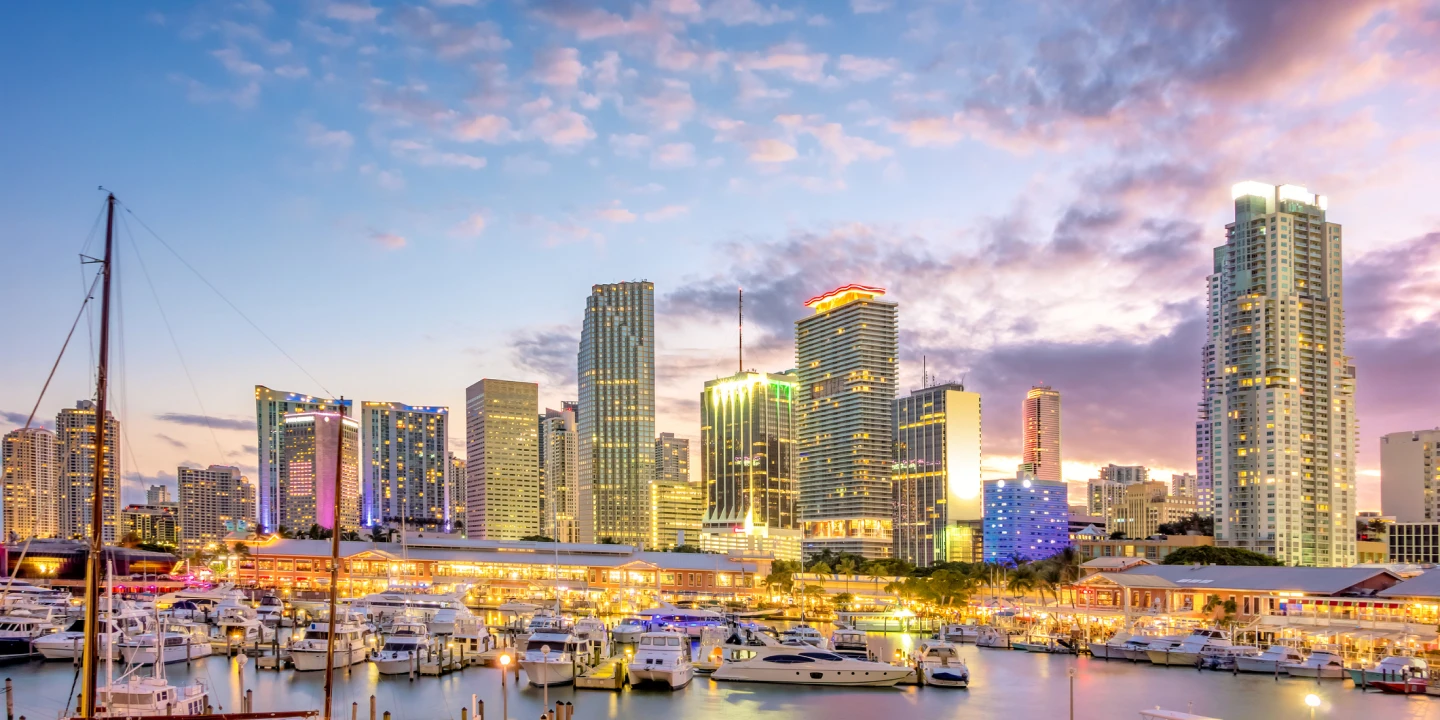 The Miami skyline at twilight.