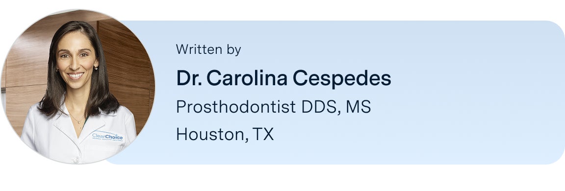 An image of Dr.Carolina Cespedes, DDS, the author of this blog, with her title and location listed below her name: prosthodontist DDS, located in the ClearChoice Houston, Texas center.