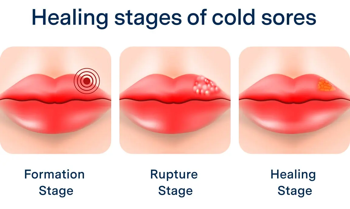 Infographic showing three illustrated stages of oral sore healing: red inflammation, ulcer stage, and recovery. Includes labels indicating the progressive healing timeline of canker sores.