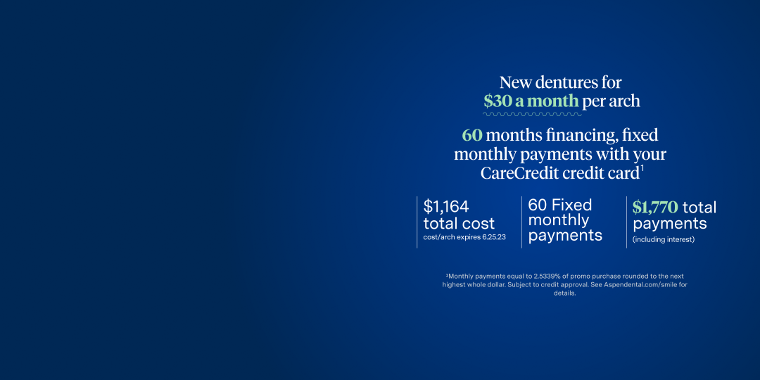 New dentures for $30 a month per arch. 60 months financing, fixed monthly payments with your CareCredit credit card. $1,164  total cost, cost/arch expires 6.25.23. 60 Fixed  monthly  payments. $1,770 total payments (including interest). ¹Monthly payments equal to 2.5339% of promo purchase rounded to the next highest whole dollar. Subject to credit approval. See Aspendental.com/smile for details.