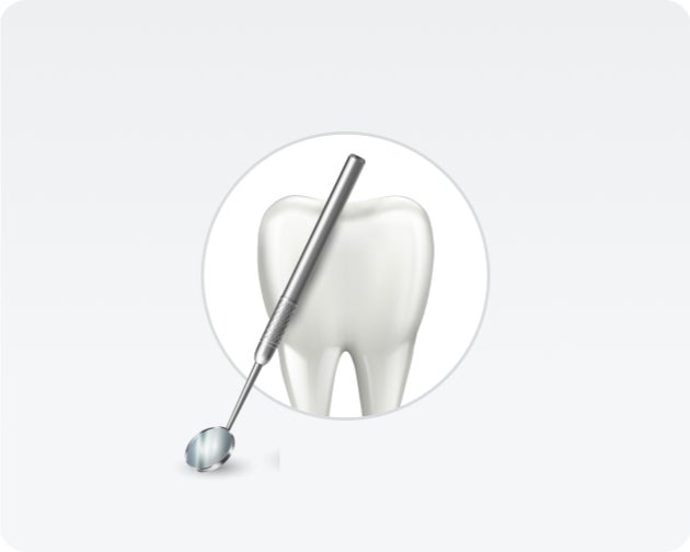 A dental mirror tool placed in front of a tooth illustration on a white background.