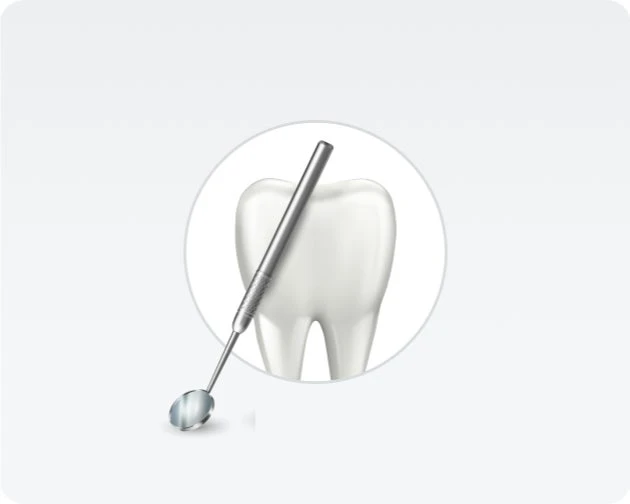 A dental mirror tool placed in front of a tooth illustration on a white background.