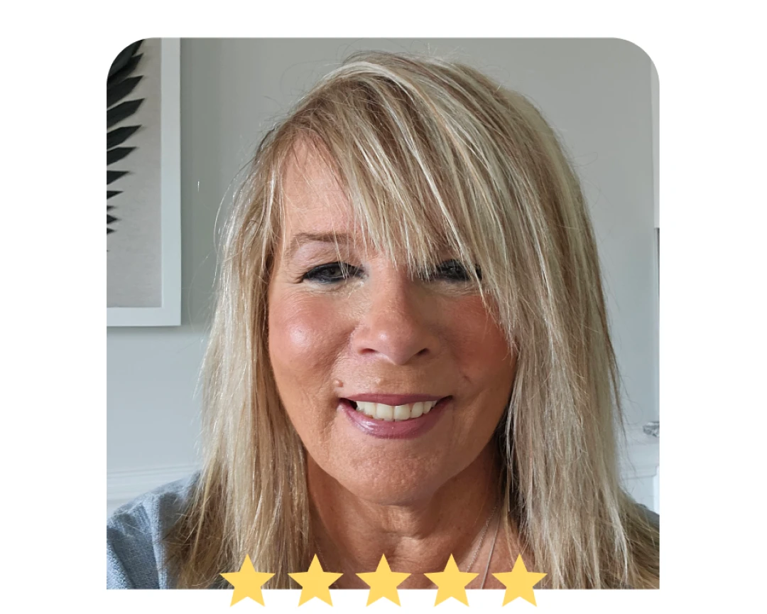 An Aspen Dental patient smiling with 5 stars illustration at the bottom of the image.