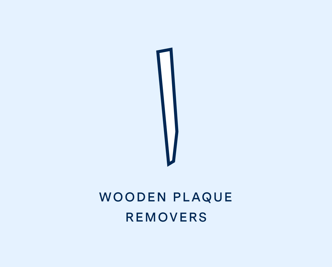 Icon of a wooden plaque remover stick on a blue background above 'WOODEN PLAQUE REMOVERS' text.