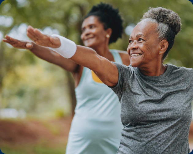 Two women are engaged in an outdoor exercise, stretching their arms forward. The number 3 and the text "Follow a healthy lifestyle" are shown at the bottom of the image.