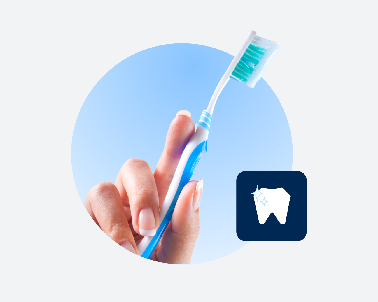 Hand holding a blue toothbrush with green bristles against a light blue background, with an icon of a tooth next to it.