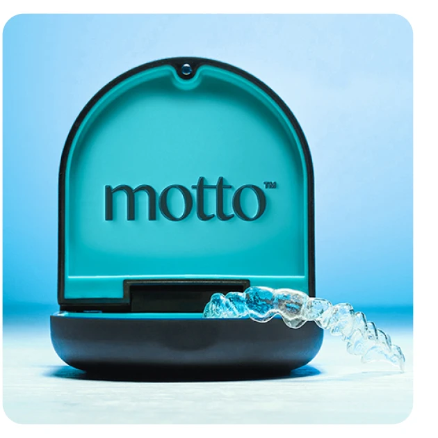 A photo of a Motto clear aligners case that is teal and black, with a clear aligner placed on top of the case, with a light blue background.