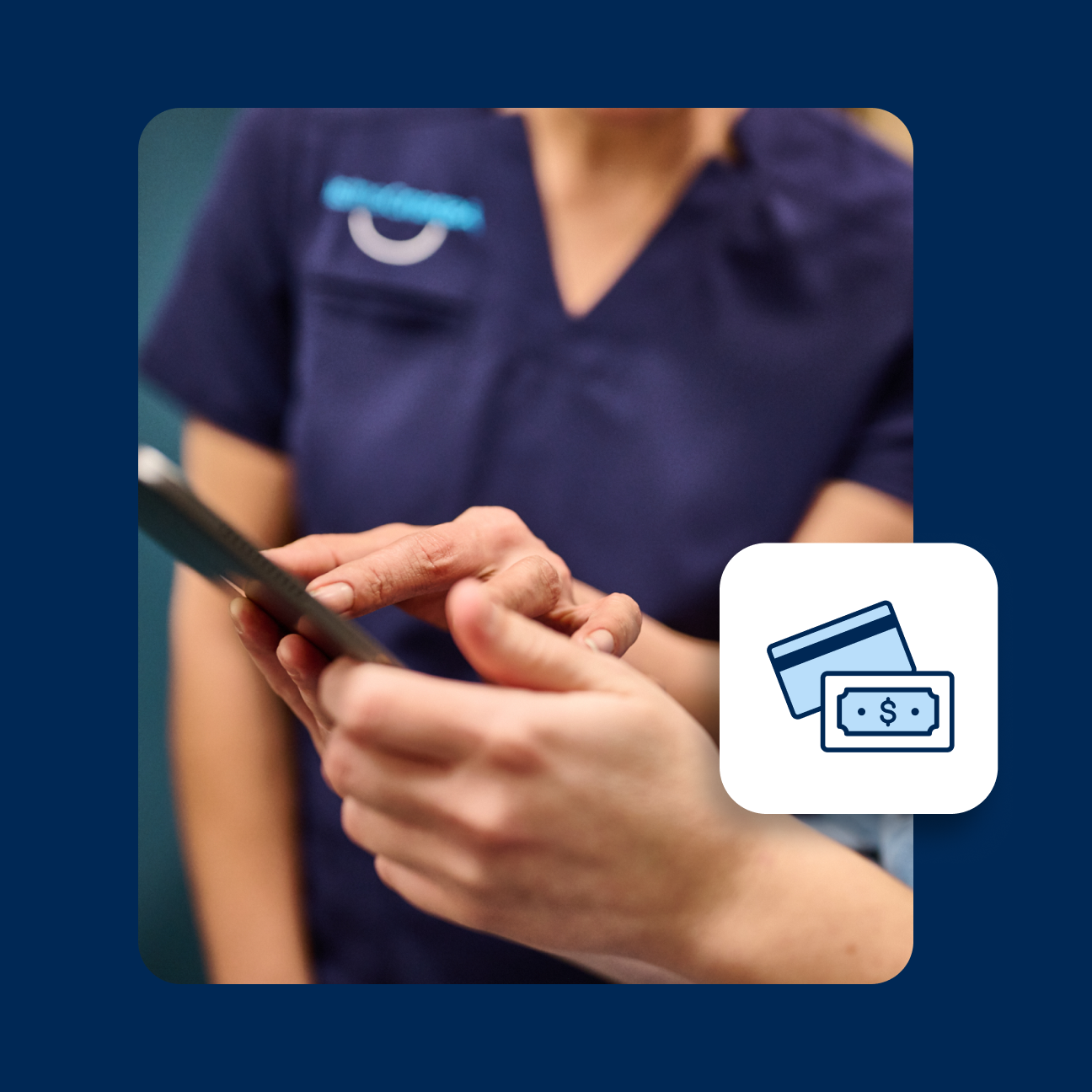 Two people in Aspen Dental scrubs interact with a tablet; an icon of money and credit cards is overlaid on the image.