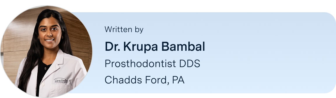 Information on Dr. Krupa Bambal, prosthodontist DDS, from the Chadds Ford, Pennsylvania ClearChoice center, the author of this blog. Along with her headshot on the left.