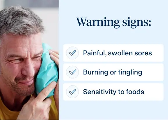  A middle-aged man holding an ice pack to his cheek, indicating discomfort, alongside a list of mouth ulcer warning signs, including painful sores, burning or tingling sensations, and sensitivity to foods.