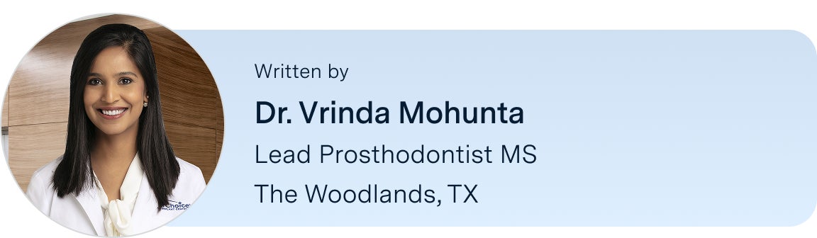 Information on Dr. Vrinda Mohunta, prosthodontist MS, located in the Woodlands, Texas ClearChoice center, the author of this blog. Along with her headshot on the left.