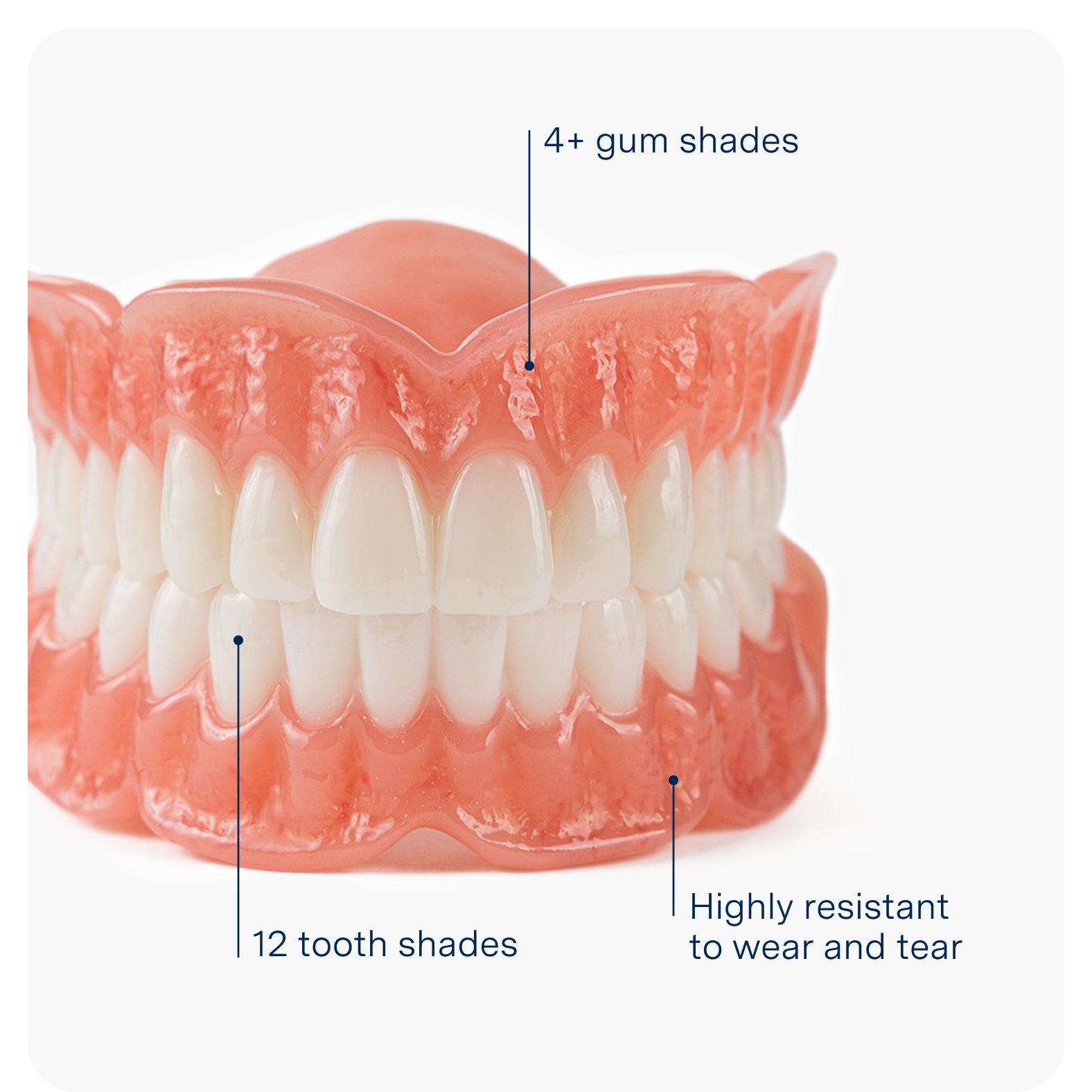 Close-up of Aspen Dental Signature Elite denture showcasing 12 tooth shades, 4+ gum shades, and high resistance to wear and tear, highlighting premium customization options.