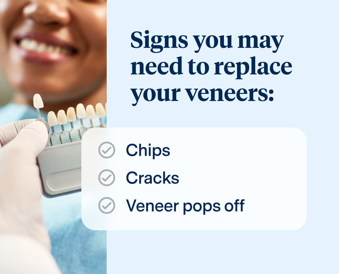 An image showing a close up of a smiling person and a dentist comparing teeth shades for veneers. To the right, text reads 'Signs you may need to replace your veneers' with checklist text 'chips', 'cracks', 'veneer pops off'.