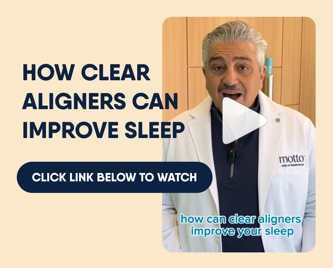 Dr. Payam Ataii in a white coat with "motto" on it discusses how clear aligners can improve sleep. There's text prompting viewers to "Click Link Below to Watch."
