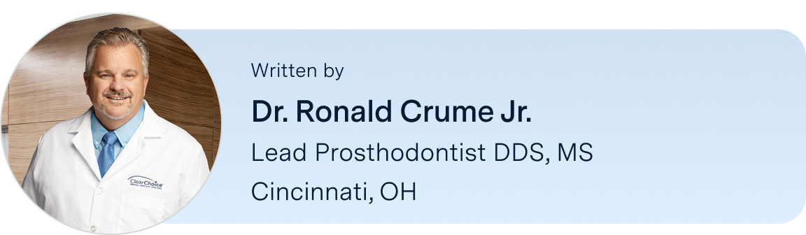 Information on Dr. Ronald Crume Jr, prosthodontist DDS, MS, located in the Cincinnati, Ohio ClearChoice center, the author of this blog. Along with his headshot on the left.