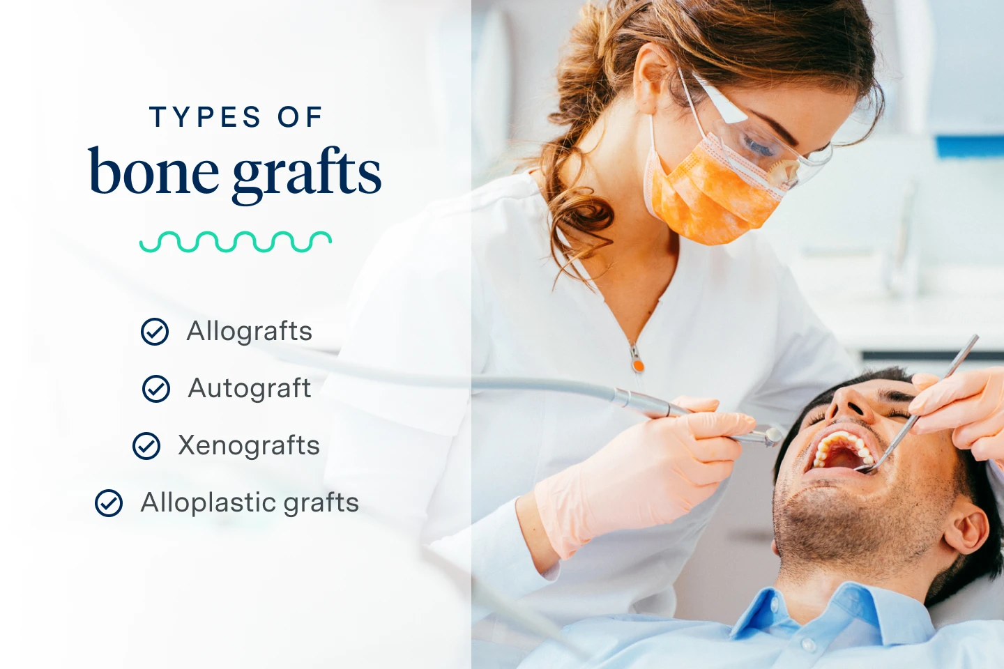 Types of bone grafts used in orthopedic surgeries to promote bone healing and fusion are: 
Autografts
Allografts
Xenografts
Alloplastic grafts